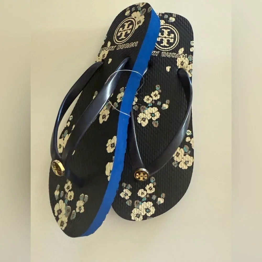 Tory Burch Navy Floral Thin Flip Flops